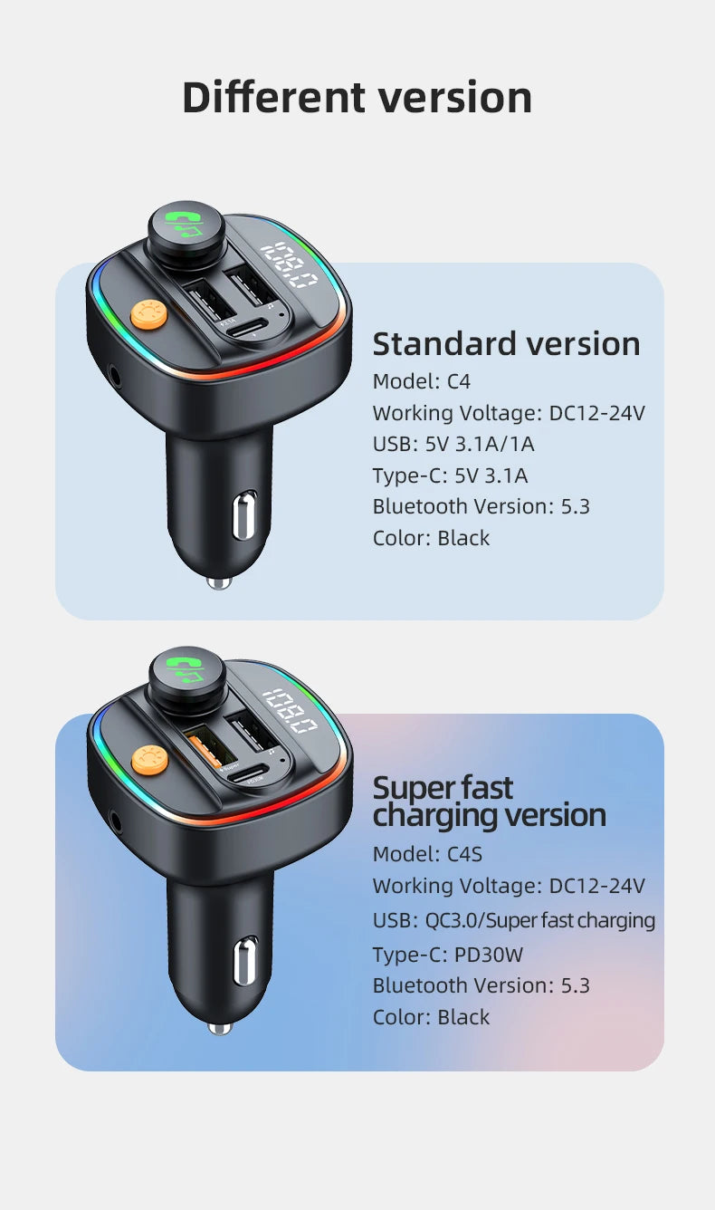 Bluetooth 5.3 FM Transmitter Handsfree Car AUX Radio Modulator MP3 Player