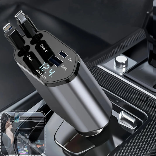 4 IN 1 120W Retractable Car Charger USB Type C Cable