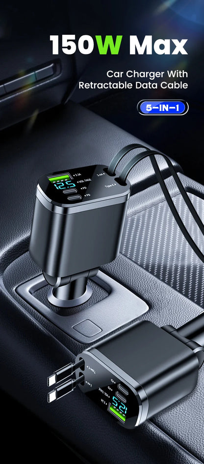 5 in 1 150W Car Charger Voltage Display